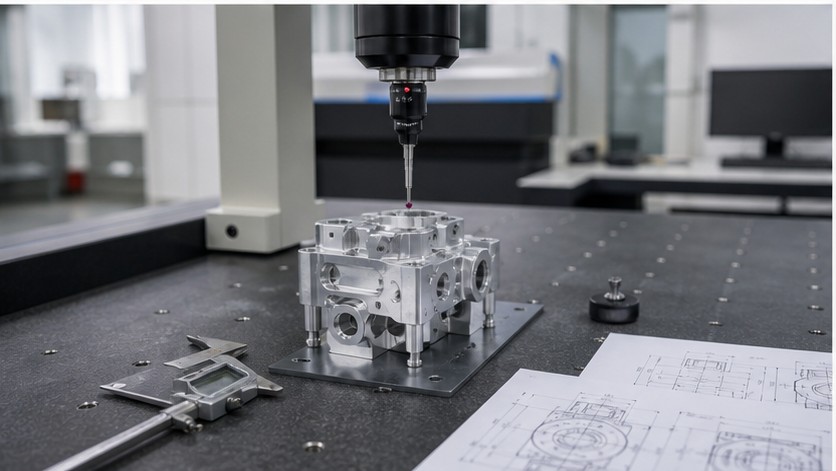 inspección CMM de una pieza CNC de aluminio