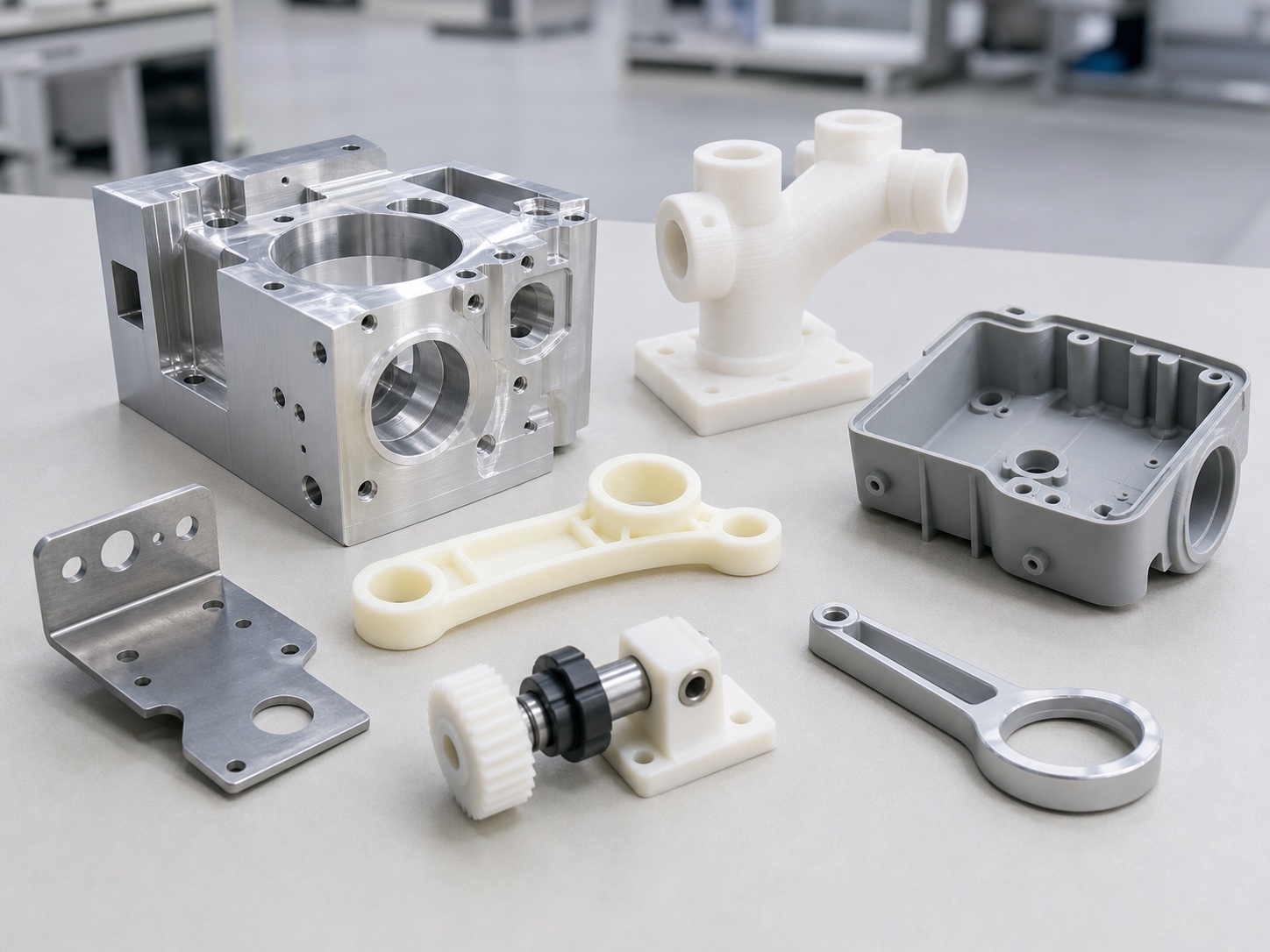 Muestras de mecanizado CNC de prototipos con carcasas metálicas piezas plásticas y componentes de montaje