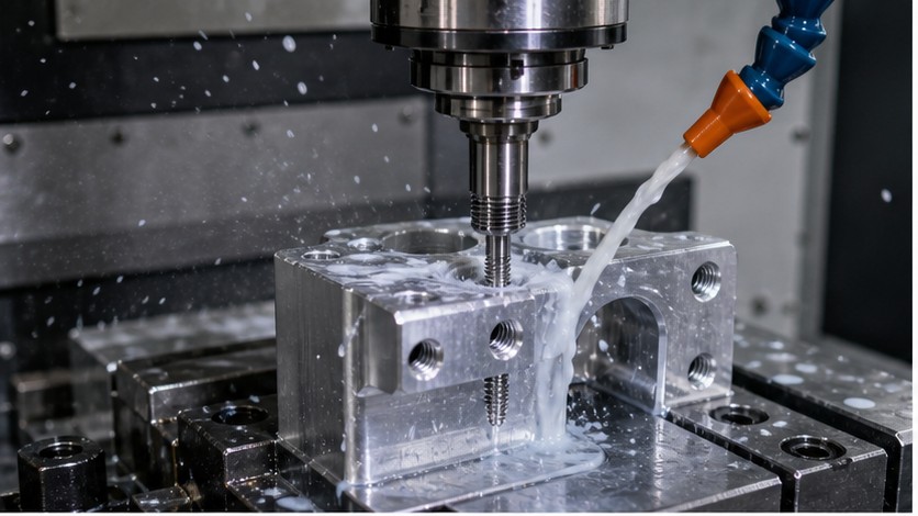 Roscado CNC de un agujero en pieza mecanizada de aluminio