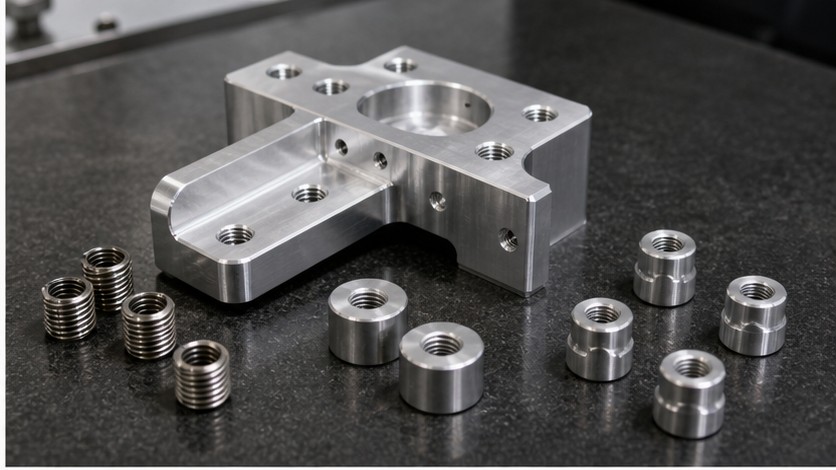 Insertos roscados y componente de aluminio mecanizado CNC