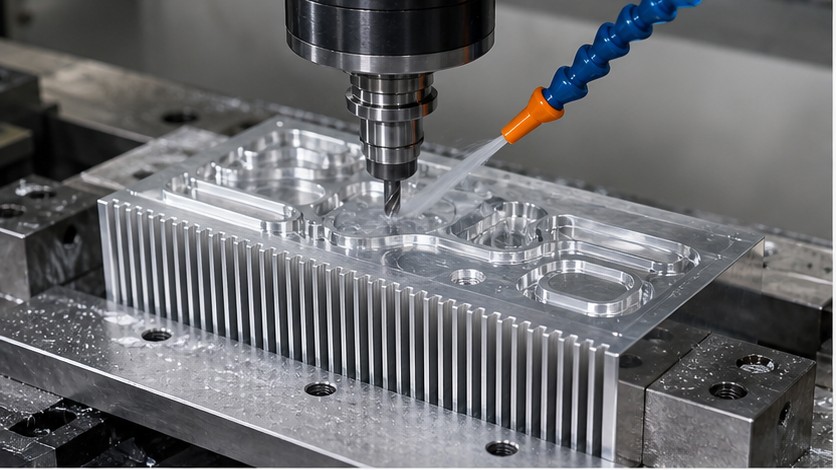 Mecanizado CNC de aletas de disipador y canales de refrigeración en aluminio