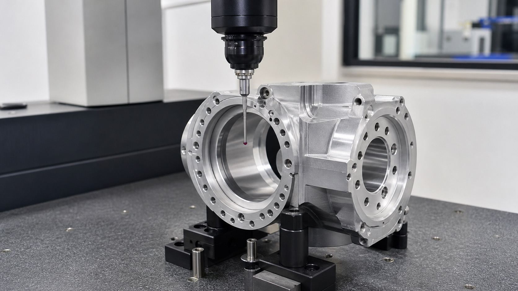 Inspección CMM de coaxialidad y salto de cara en una carcasa de articulación robótica
