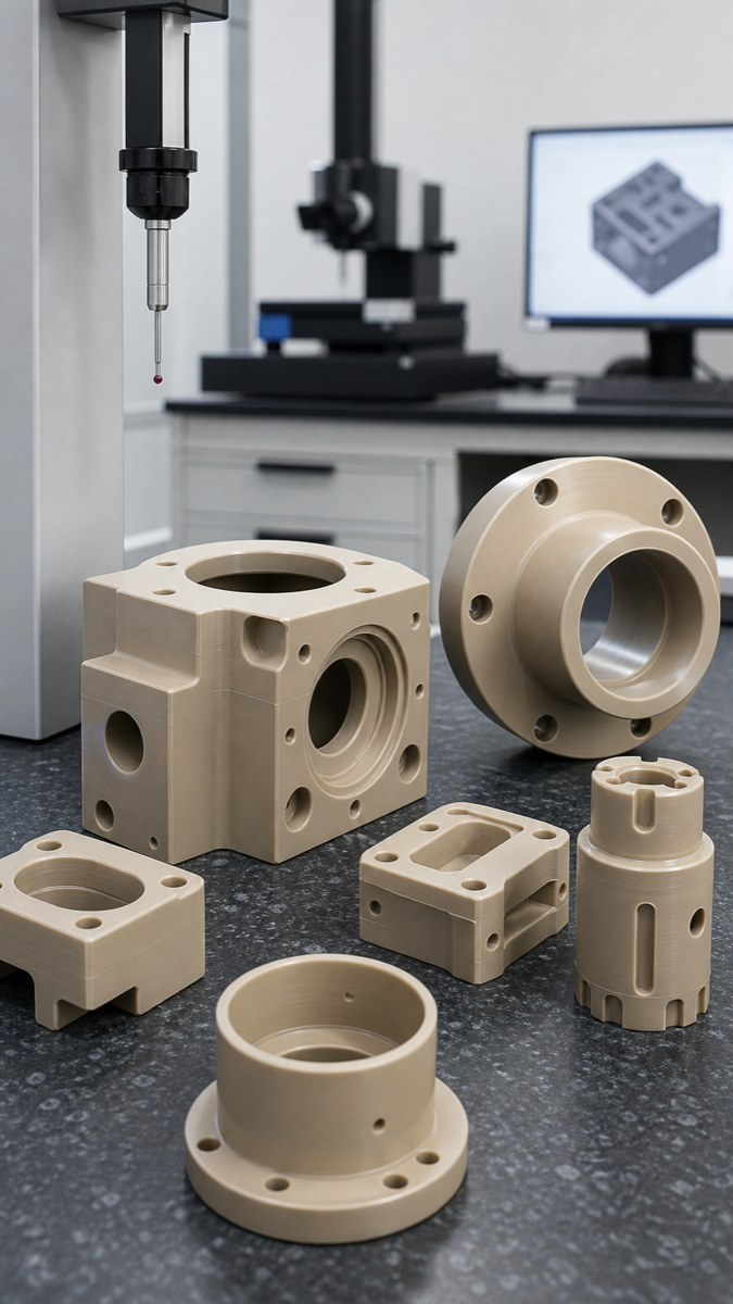 Piezas PEEK listas para inspección dimensional en mesa CMM