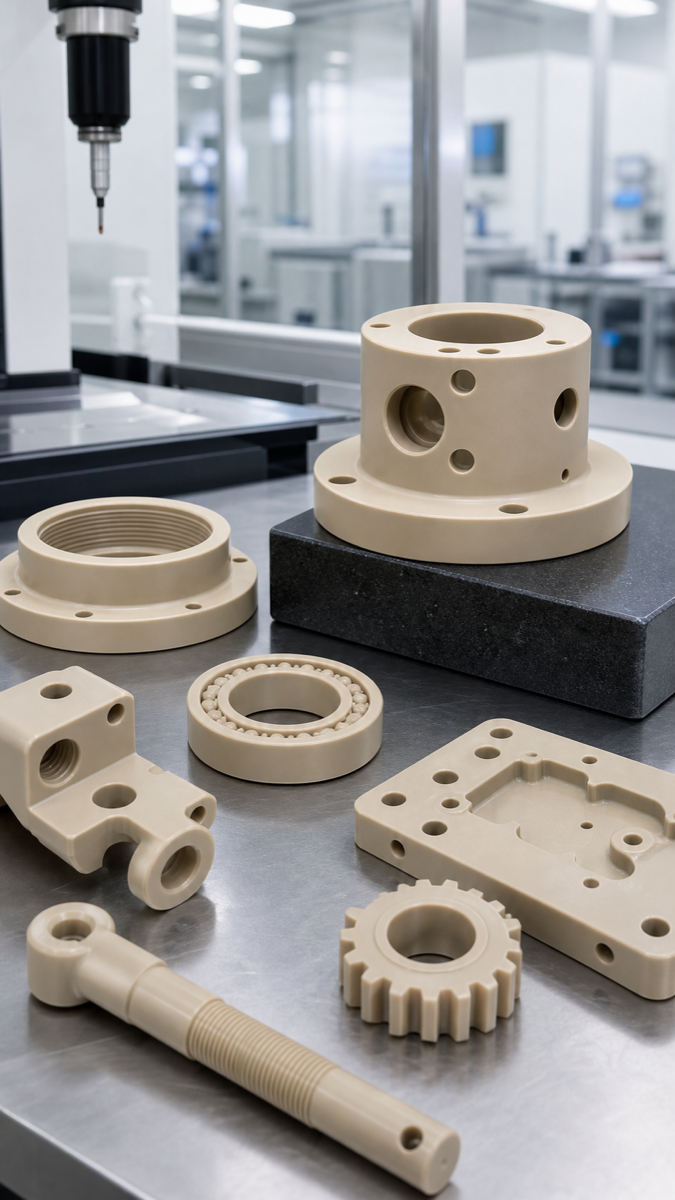 Piezas PEEK mecanizadas por CNC con agujeros, roscas y cavidades fresadas