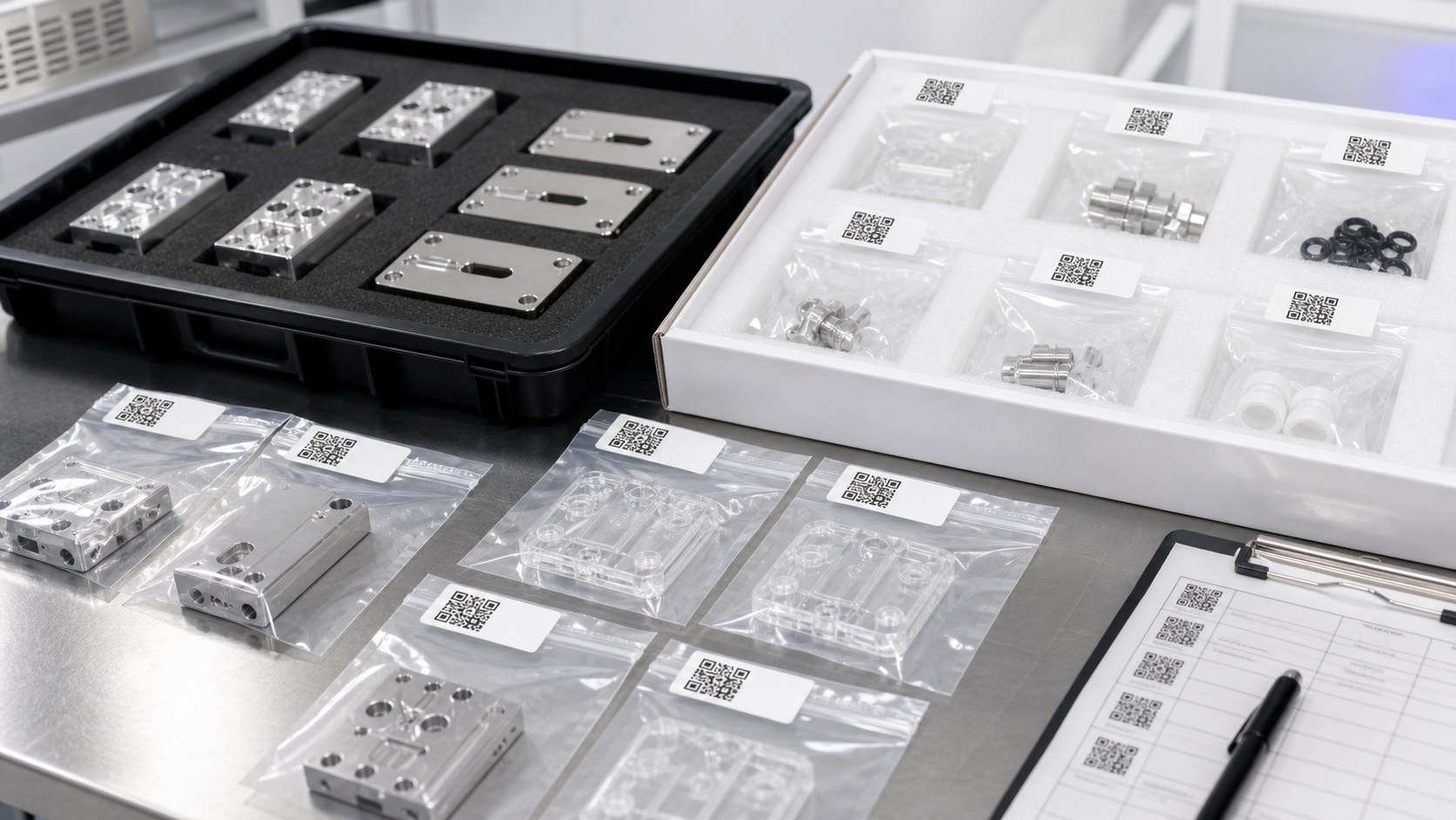 Embalaje limpio y trazabilidad para piezas CNC de diagnóstico microfluídico