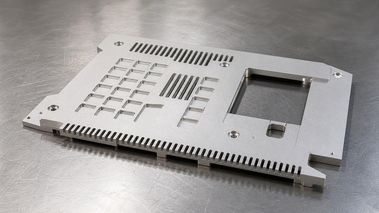 Plan de mecanizado para una placa frontal protectora de aluminio: agujeros, ranuras, datums y rebabas