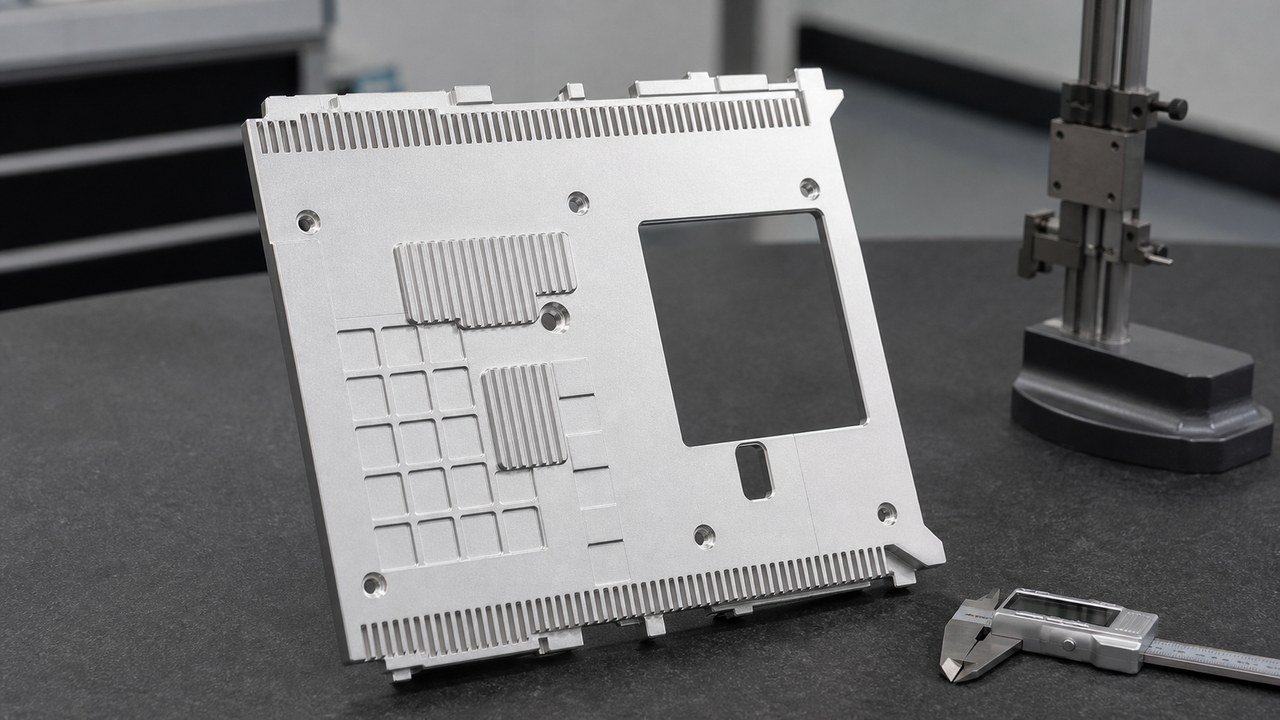Plan de mecanizado para una placa frontal protectora de aluminio: agujeros, ranuras, datums y rebabas