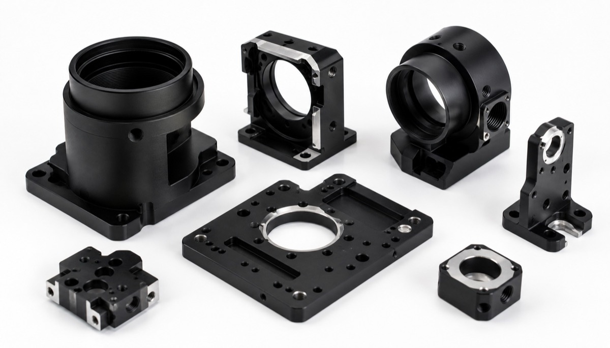 Piezas opticas de aluminio anodizado negro con zonas enmascaradas y rasgos de precision