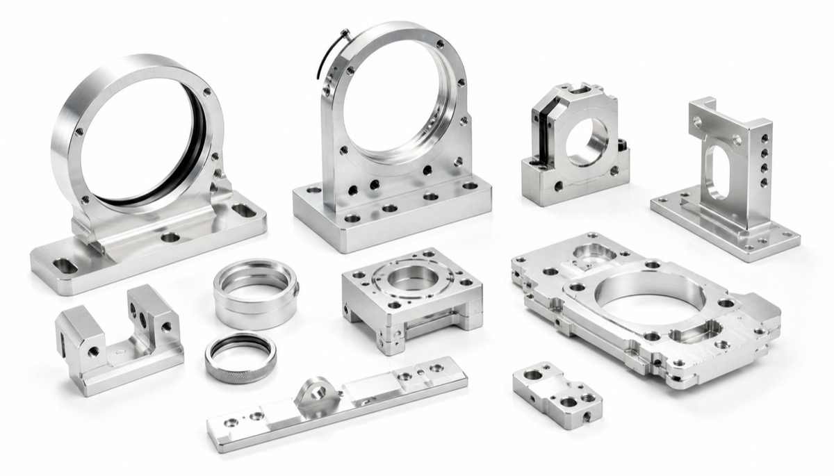 Componentes CNC de precision para instrumentos opticos con soportes de lente y datums