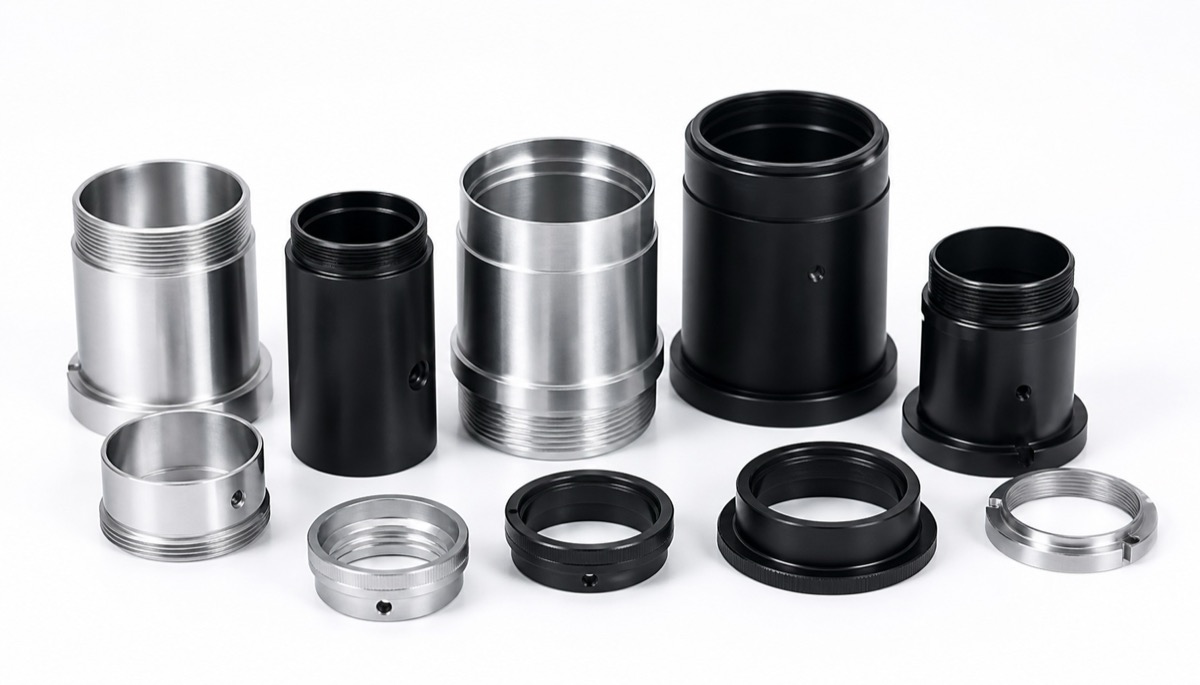 Tubos opticos de precision, anillos de retencion y componentes anodizados negros