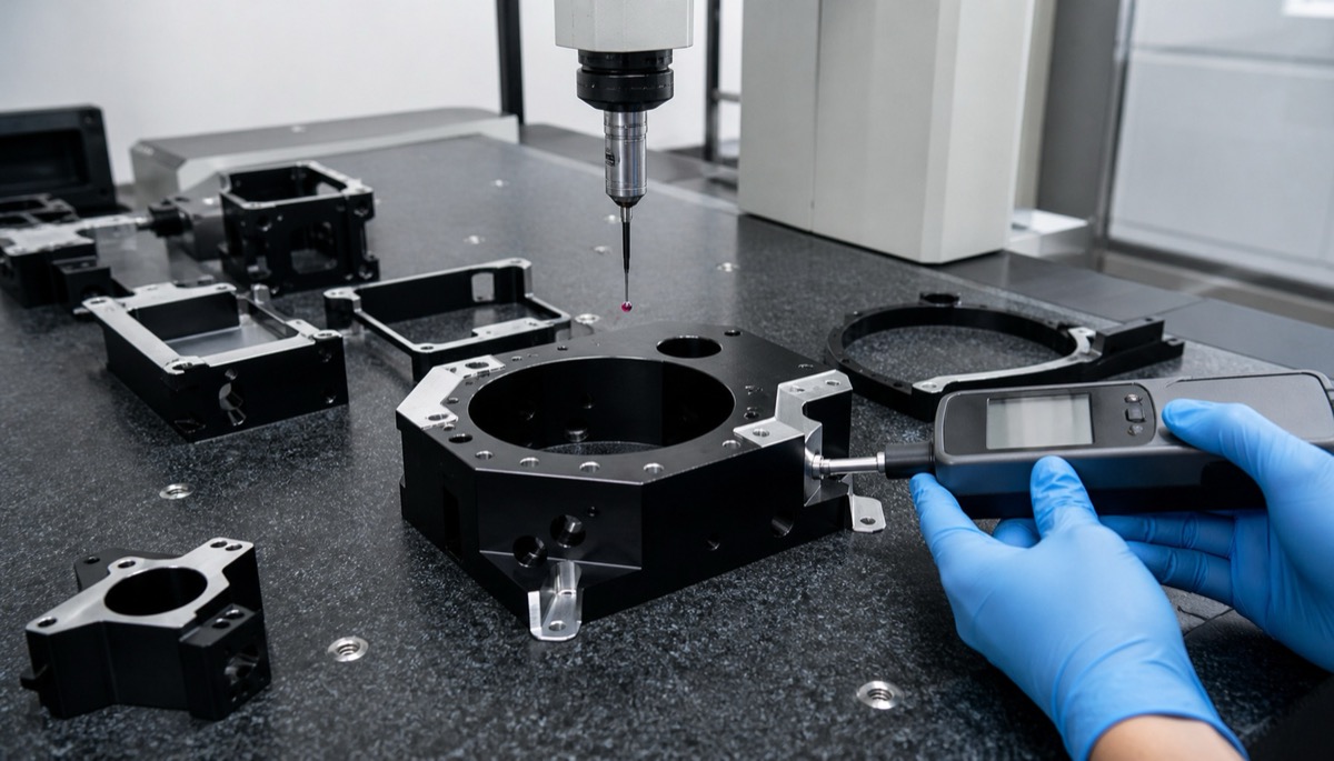 Inspeccion de piezas opticas CNC despues de tratamiento superficial y enmascarado