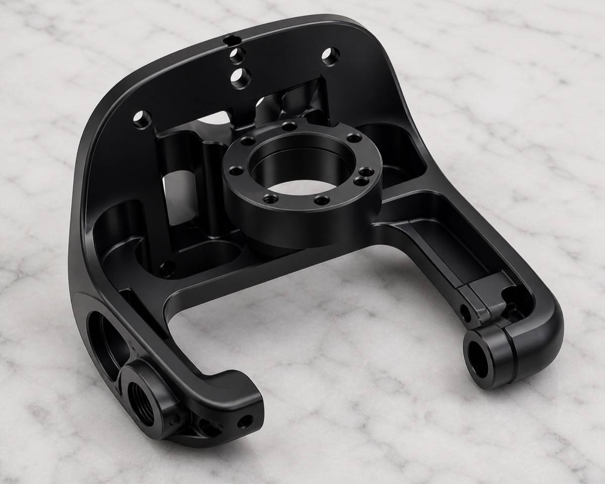 Conjunto de bieleta de cintura para robot humanoide en 6061-T6 anodizado negro con brida central y brazos laterales