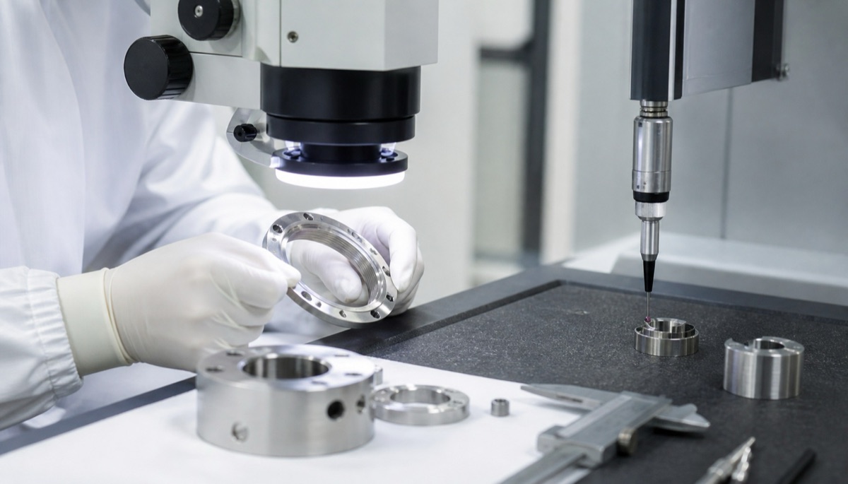 Inspeccion de piezas opticas de acero inoxidable cerca de agujeros de precision y aros delgados