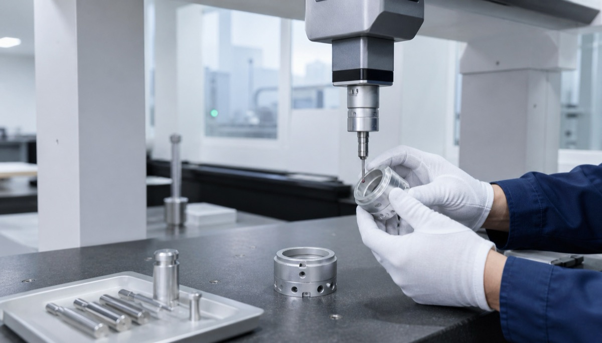 Ingeniero inspeccionando piezas opticas y datums sobre una mesa de metrologia
