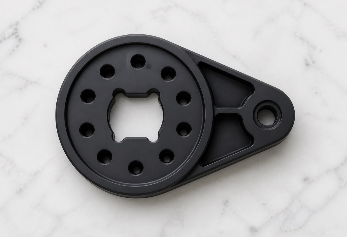 Brazo oscilante de tobillo anodizado negro para robot humanoide con patron circular y bolsillos ligeros