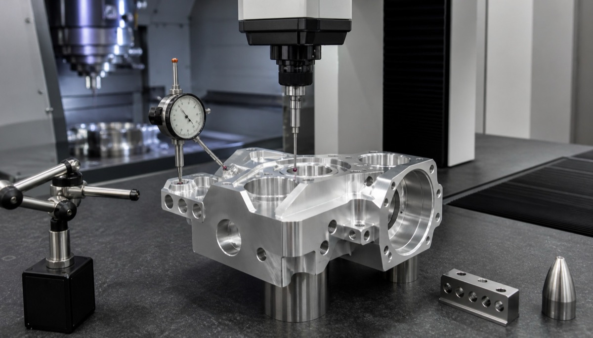 Inspeccion de pieza CNC de precision con comparador y centro de mecanizado