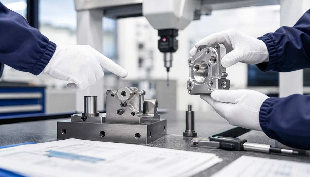 Ingeniero revisando una pieza CNC y su fijación antes de producción