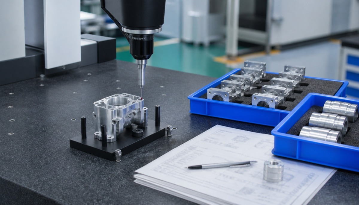 Sonda CMM inspeccionando una pieza mecanizada de precisión con registros de proceso