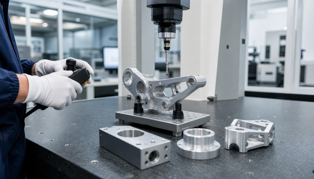 Inspeccion CMM de un soporte robotico de aluminio despues del mecanizado