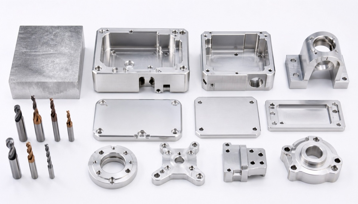 Piezas CNC, herramientas y material bruto para explicar estructura de cotizacion