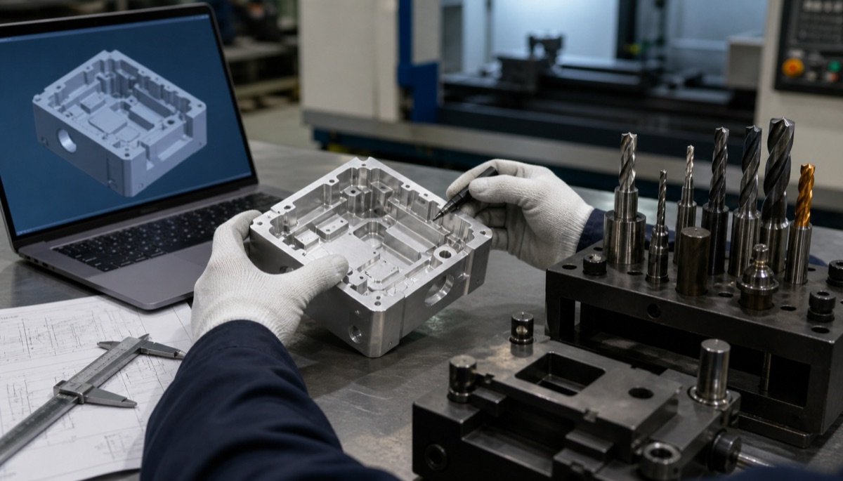 Ingeniero revisando modelo CAD y herramientas para coste de programacion CNC