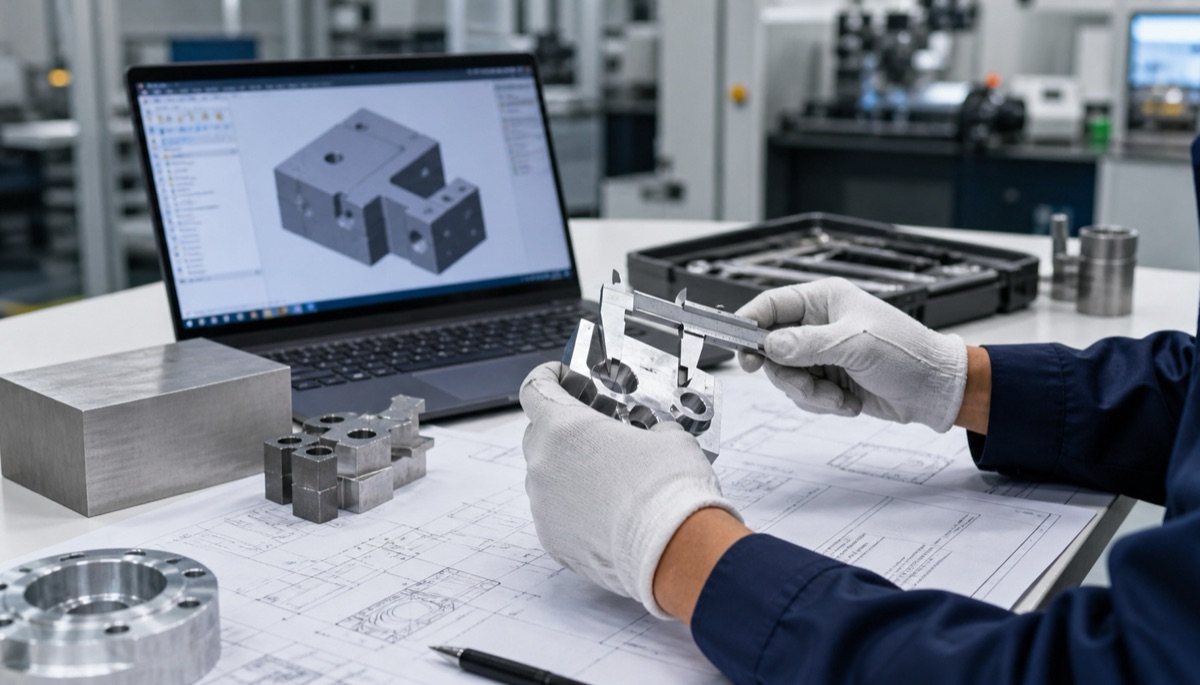 Ingeniero revisando modelo 3D y plano 2D para cotizacion CNC