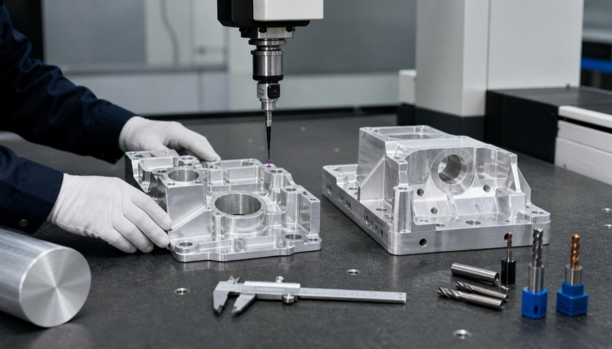 Ingeniero revisando piezas de aluminio CNC e inspeccion para 6061 y 7075