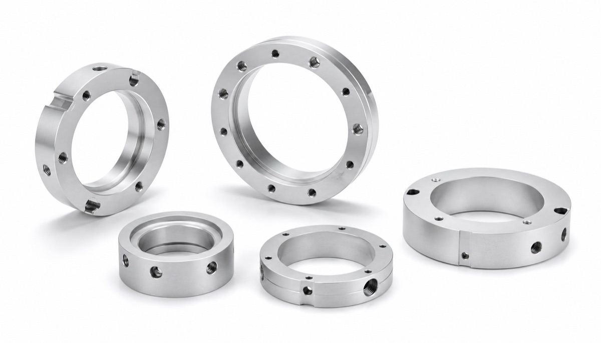Anillos y carcasas de montura optica mecanizados con agujeros y caras funcionales