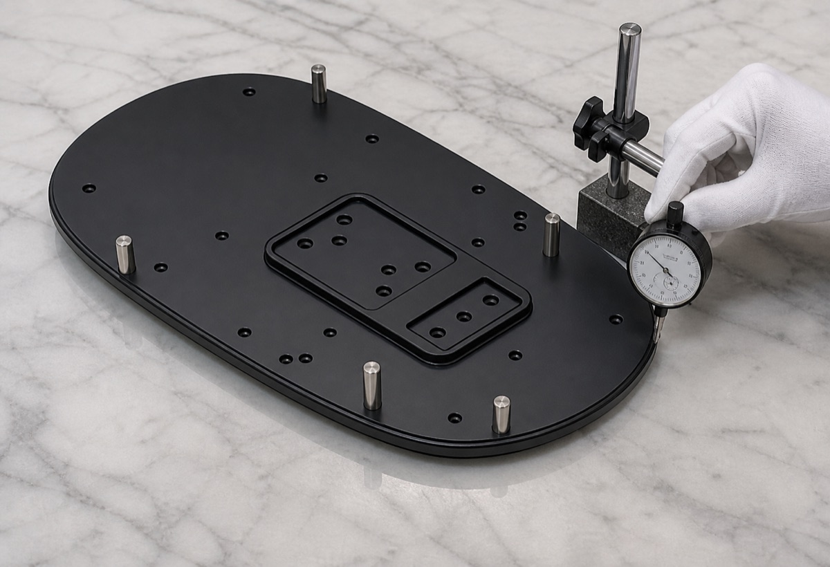 Inspección de planitud y posición de agujeros en placa de pie 6061-T6 para robot humanoide
