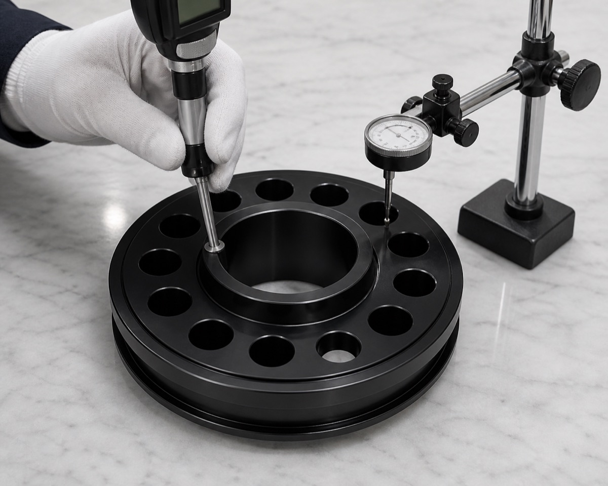 Inspección de agujero central, patrón circular y salto axial en brazo de tobillo anodizado negro