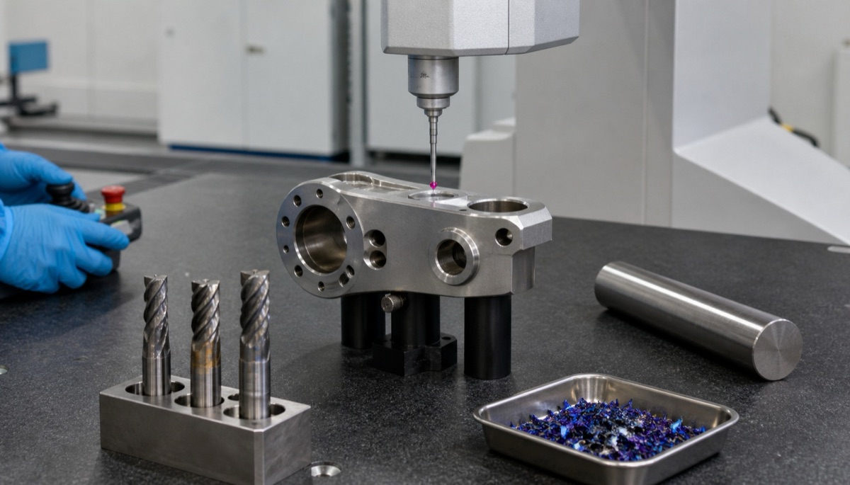 Inspección de pieza robótica de titanio TC4 después del mecanizado
