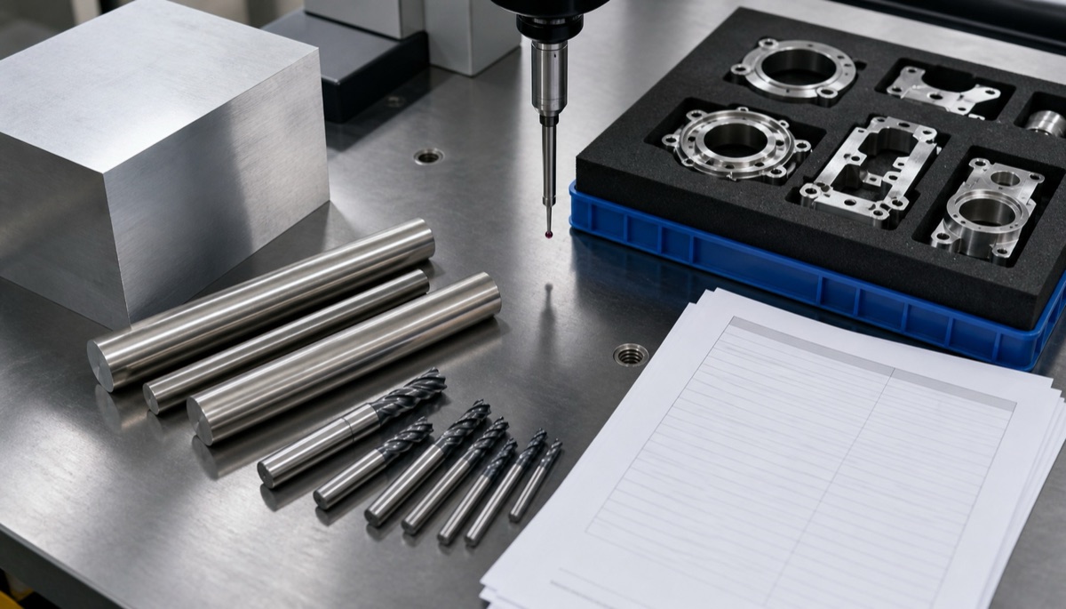 Materiales herramientas y piezas CNC organizados para revisar costes