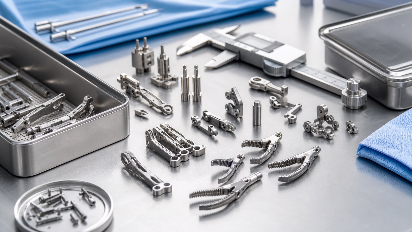 Mecanizado CNC de piezas para instrumentos quirúrgicos mínimamente invasivos: mordazas articuladas, pasadores y soportes tipo horquilla