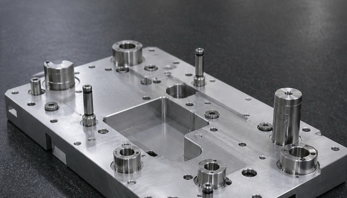 Placa mecanizada CNC con agujeros en varias caras y referencias