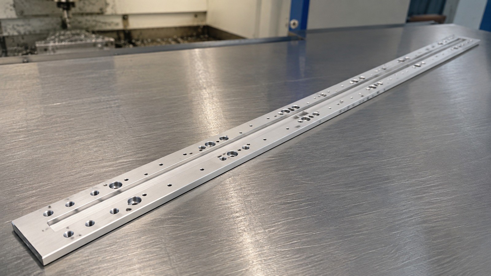 Revision tecnica de mecanizado CNC: Machining Plan for a Long Aluminum Slide-Rail Mounting Plate in Custom Automation