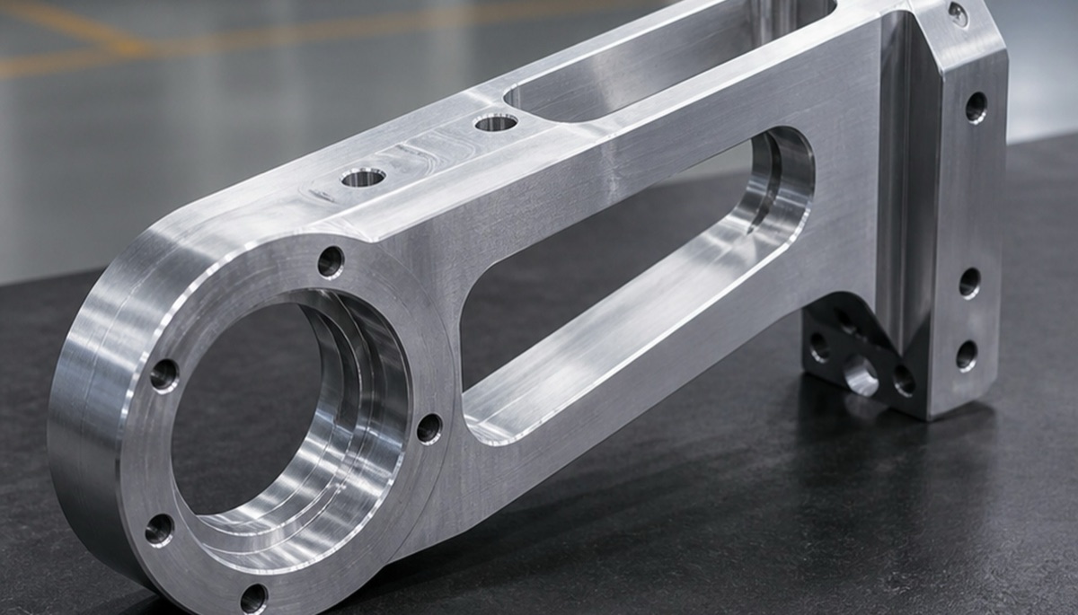 Pieza estructural robótica prototipo con cavidades, agujeros laterales y referencias mecanizadas