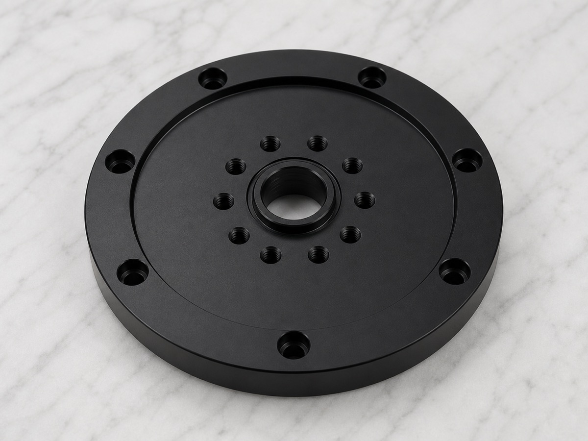 Brida de conexión robótica de primer eje en aluminio 6061 anodizado negro con resalte central y doble patrón de agujeros