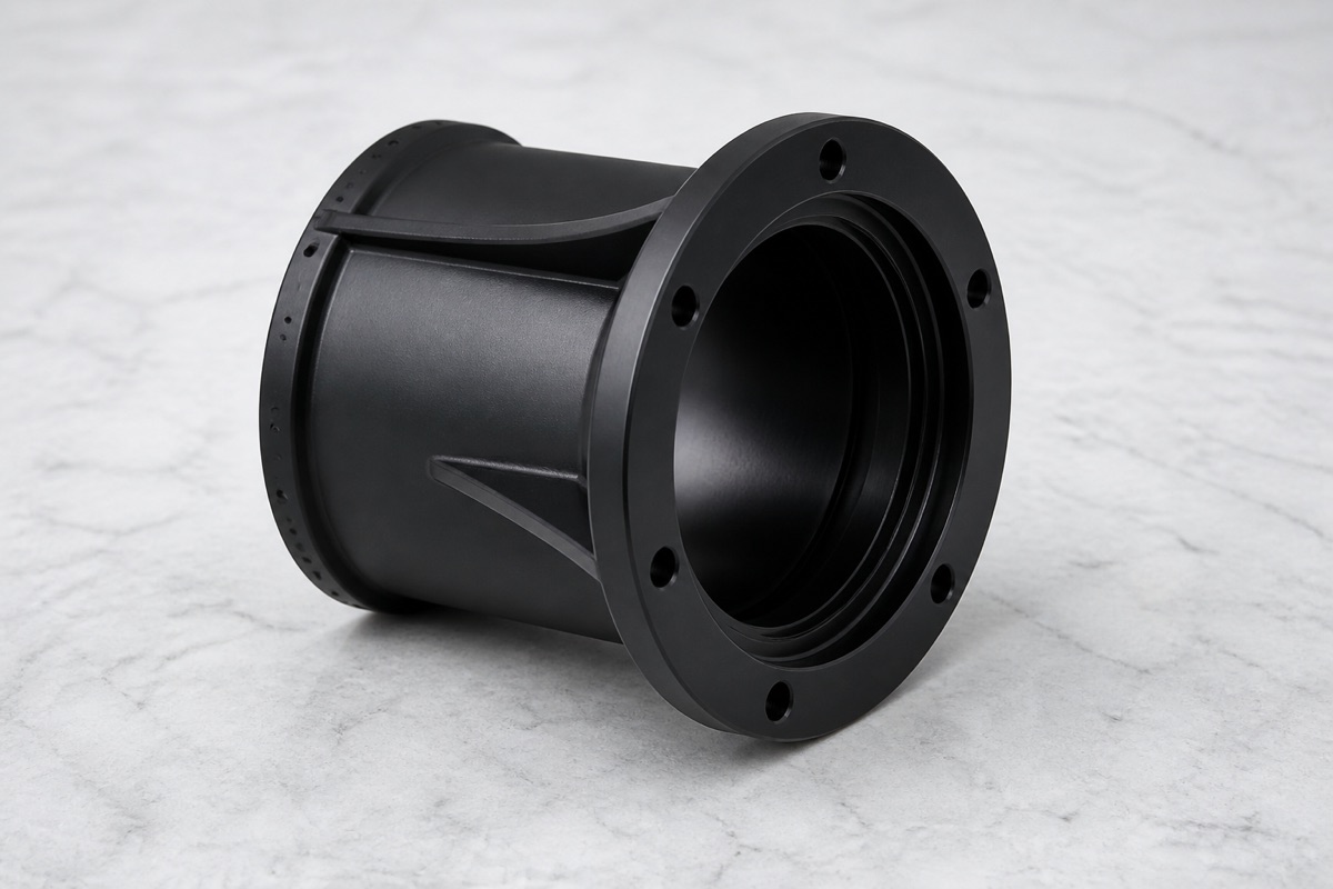Base cilíndrica robótica de séptimo eje en 6061 anodizado negro con agujeros de brida y nervios laterales