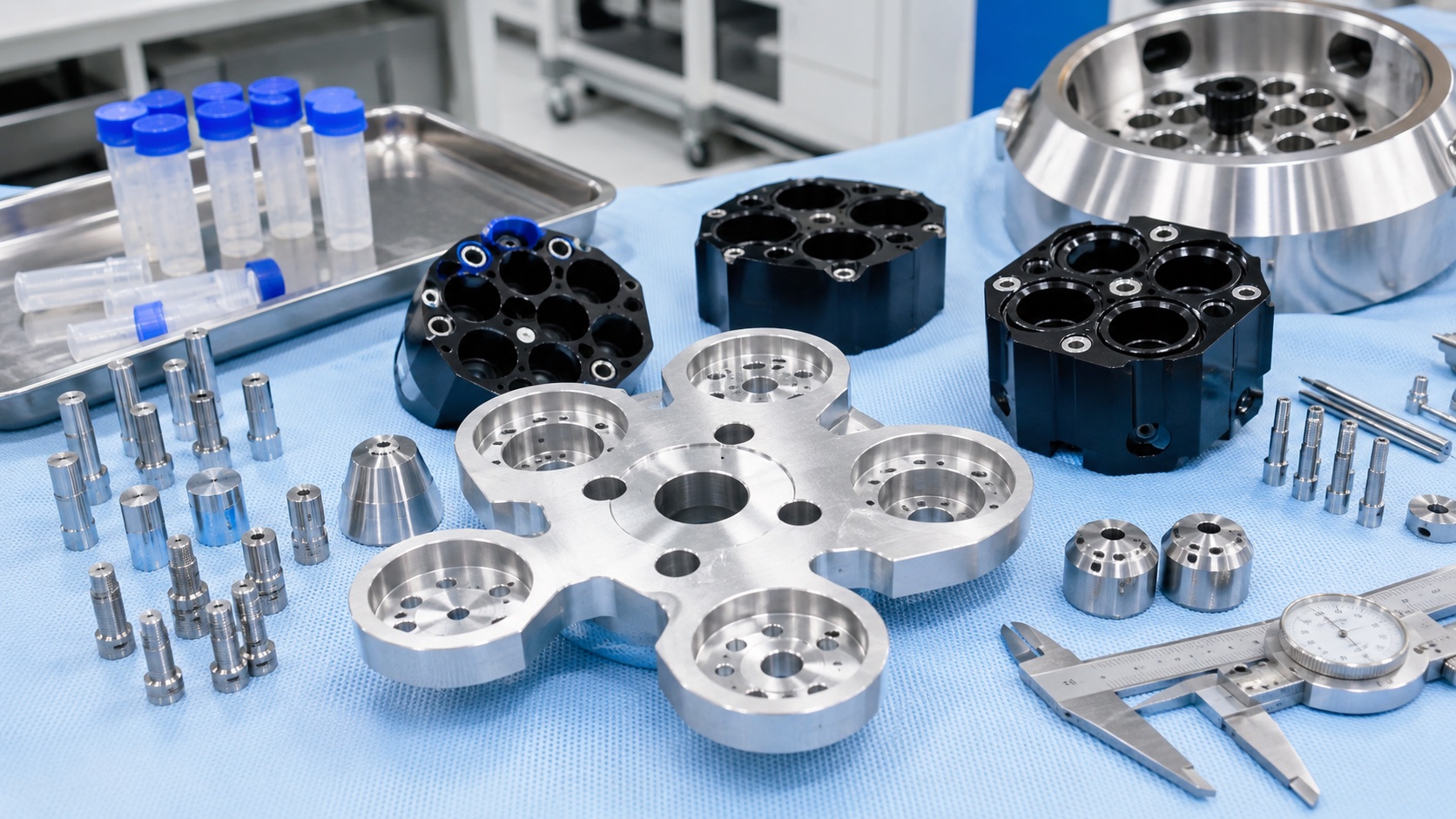Mecanizado CNC de componentes para centrifugas medicas: adaptadores de rotor, portamuestras y utiles de equilibrado