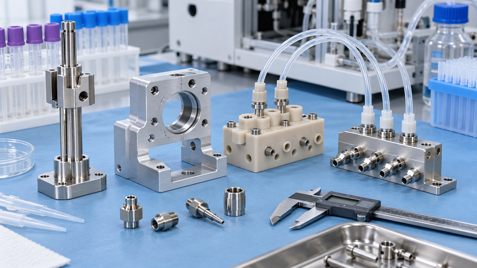 Mecanizado CNC de componentes para analizadores hematologicos IVD: soportes de sonda, bloques de valvula y colectores de lavado