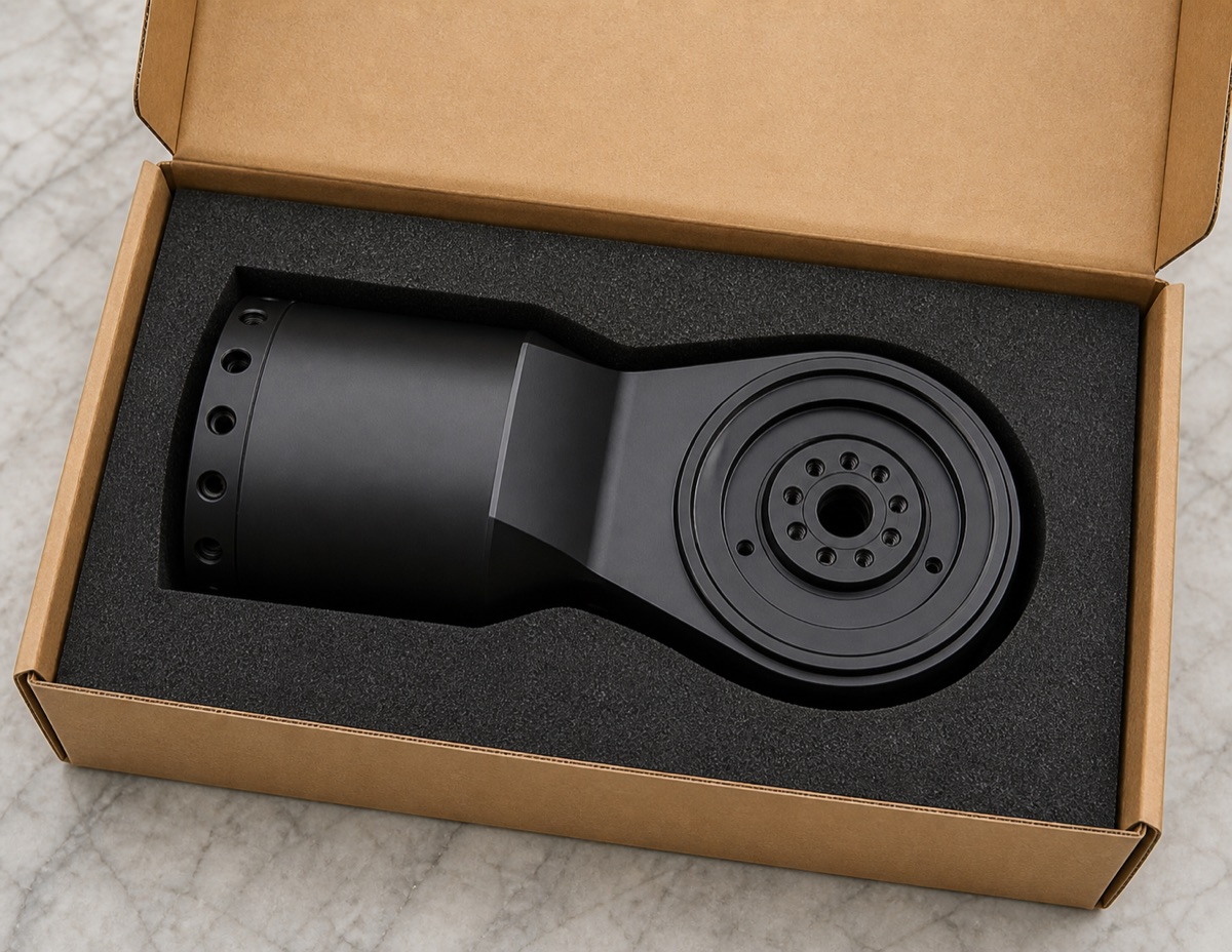 Embalaje de espuma a medida para un asiento largo de módulo robótico anodizado negro