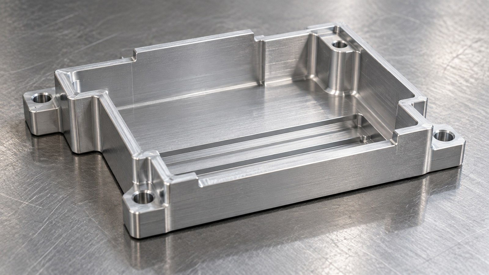 Mecanizado de carcasa protectora de aluminio con ranuras y avellanados para ensamblaje automatizado