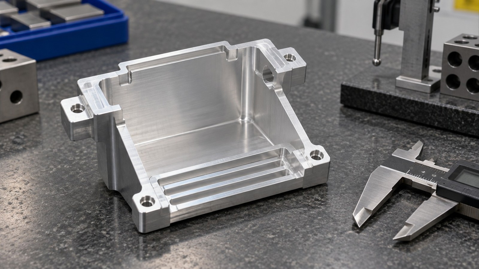 Mecanizado de carcasa protectora de aluminio con ranuras y avellanados para ensamblaje automatizado
