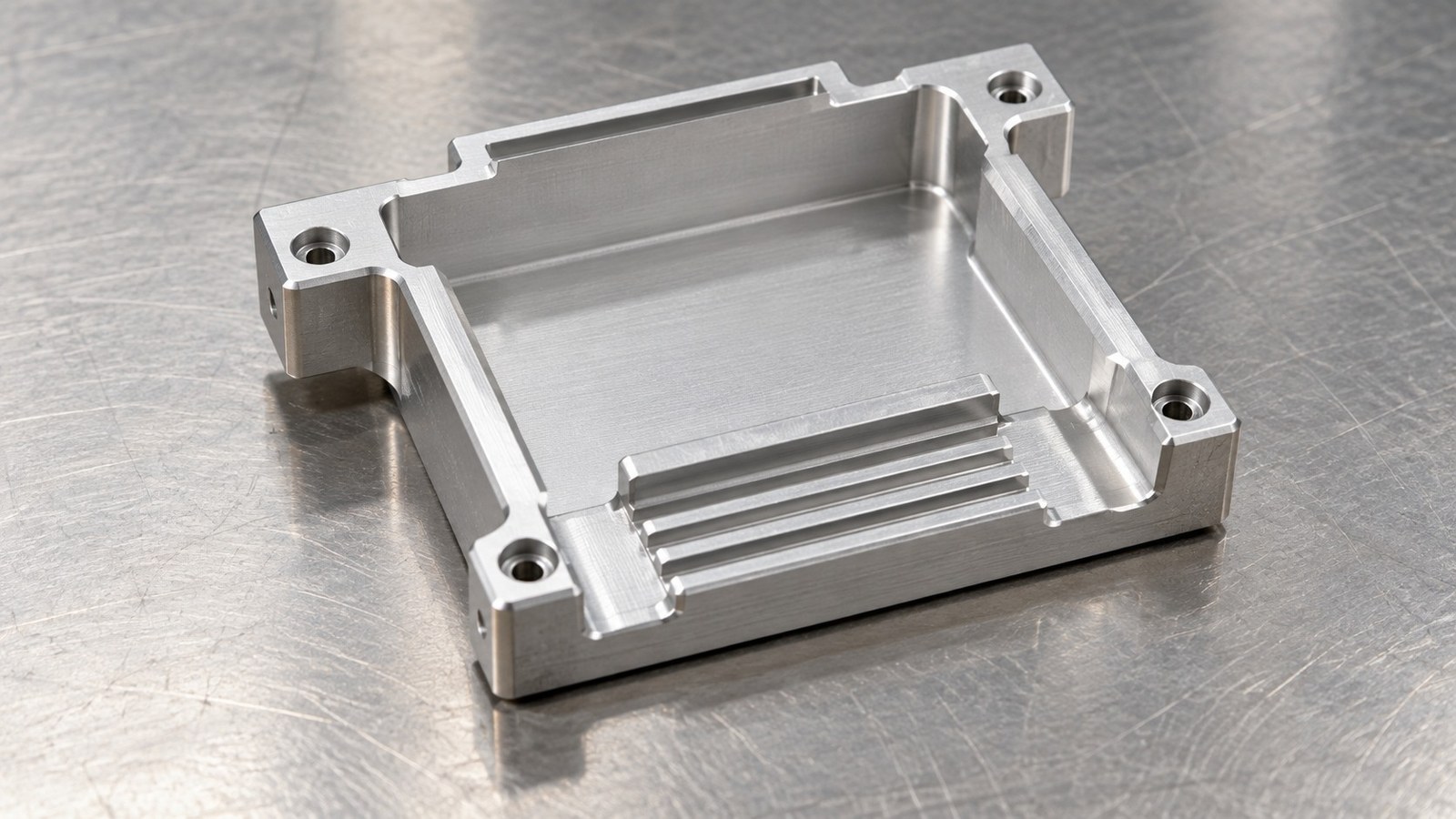 Mecanizado de carcasa protectora de aluminio con ranuras y avellanados para ensamblaje automatizado