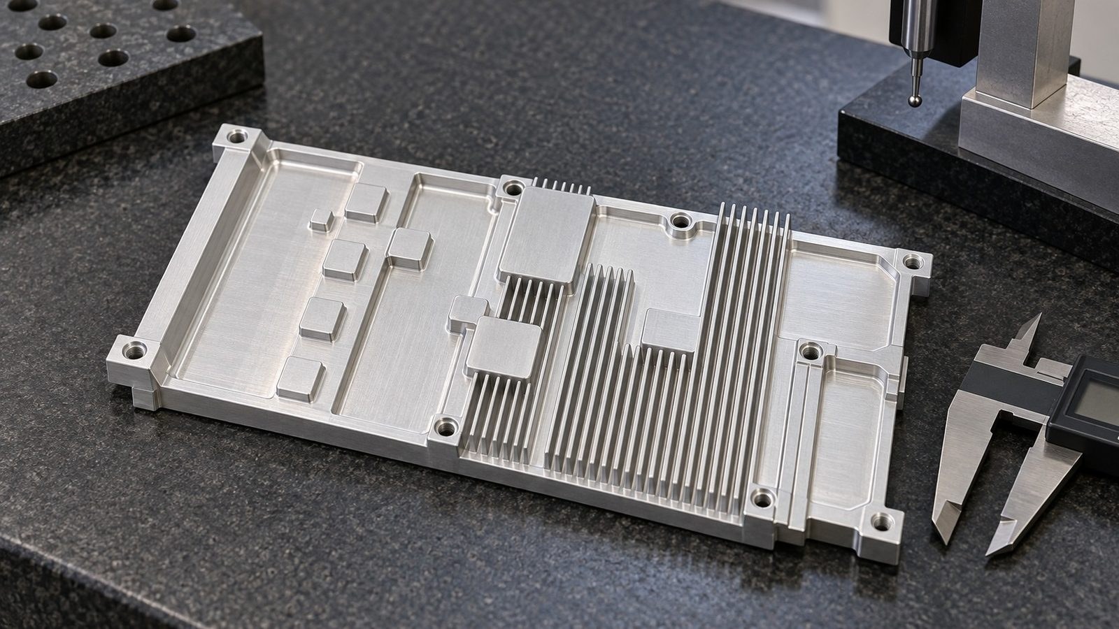 Revision de mecanizado de un disipador de aluminio con aletas y patrones de agujeros para modulos electronicos