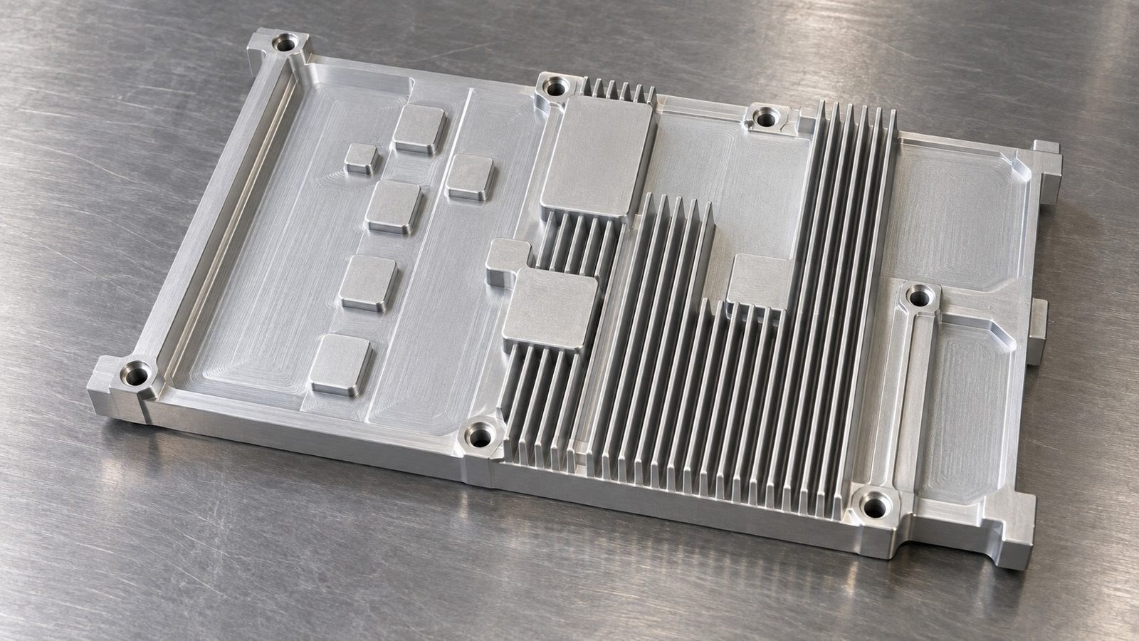 Revision de mecanizado de un disipador de aluminio con aletas y patrones de agujeros para modulos electronicos